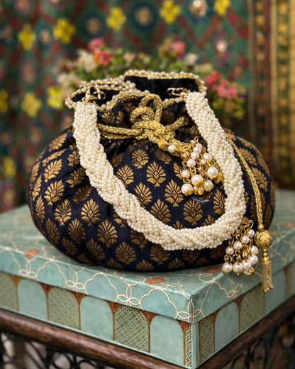 Luxury Handcrafted Silk Potli Bag with Pearl Tassels