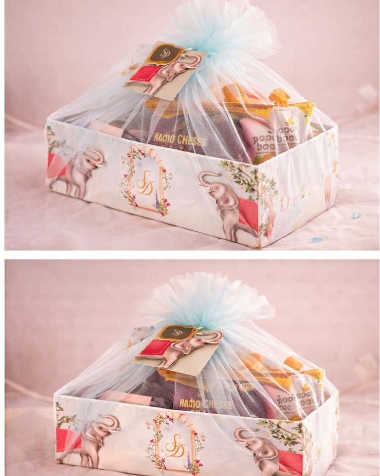 Personalized Elephant Theme Gift Hamper Box with Tulle Wrap – Luxury Baby Shower & Celebration Gift