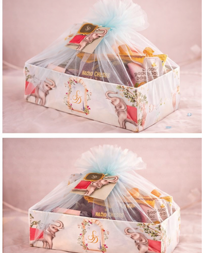 Personalized Elephant Theme Gift Hamper Box with Tulle Wrap – Luxury Baby Shower & Celebration Gift