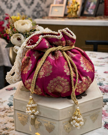 Luxury Handcrafted Silk Potli Bag with Pearl Tassels