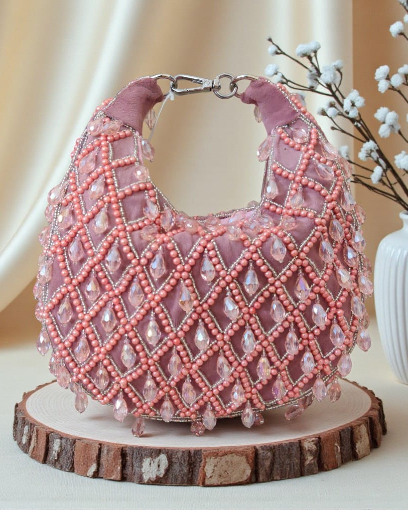 Luxury Hand-Embellished Crystal Potli Bag with Pearl & Bead Work – Designer Ethnic Clutch for Weddings & Festive Occasions