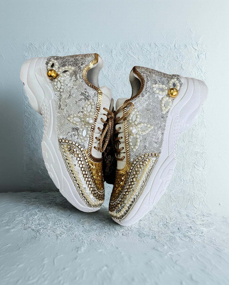 Luxury Gold & Pearl Bridal Sneakers – Designer Wedding Shoes