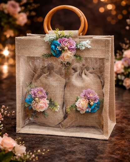 Handcrafted Jute Gift Bag with Wooden Handle & Potli Set – Premium Wedding Hamper