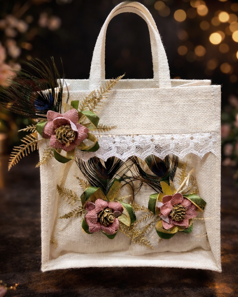 Premium Jute Gift Tote Bag with Floral & Peacock Feather Decor