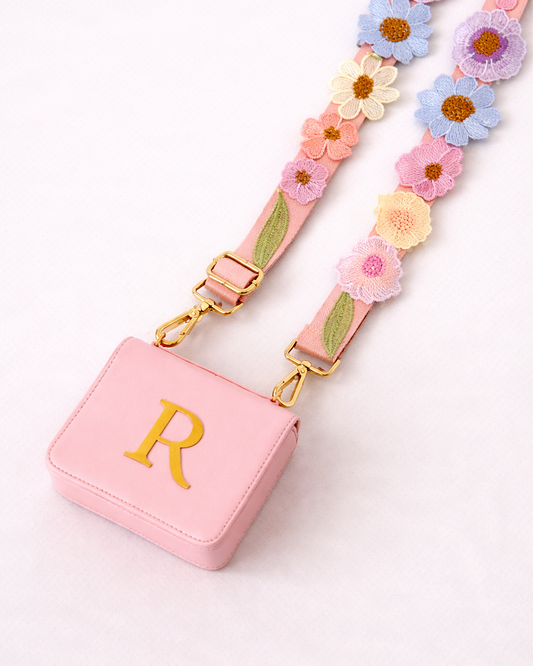 Custom Initial Crossbody Bag with Floral Embroidered Strap – Personalized Letter Mini Shoulder Purse