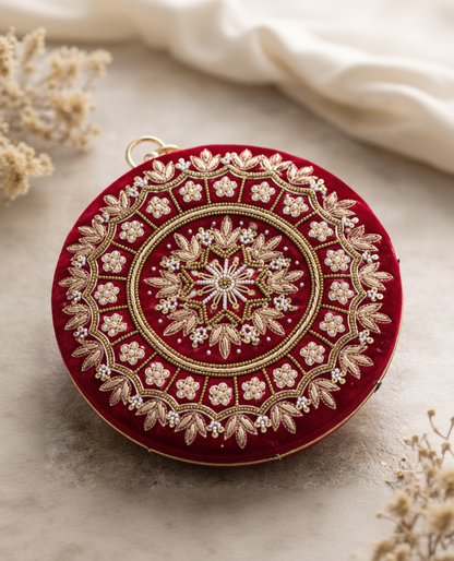 Luxury Embroidered Velvet Clutch with Pearl Detailing & Chain Sling