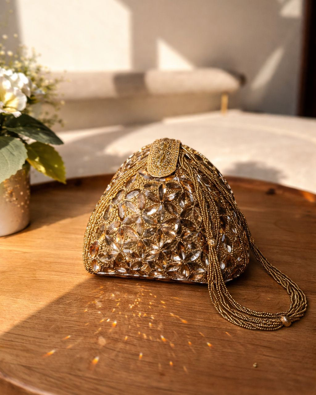 Luxury Crystal Embellished Potli Clutch with Beaded Handle