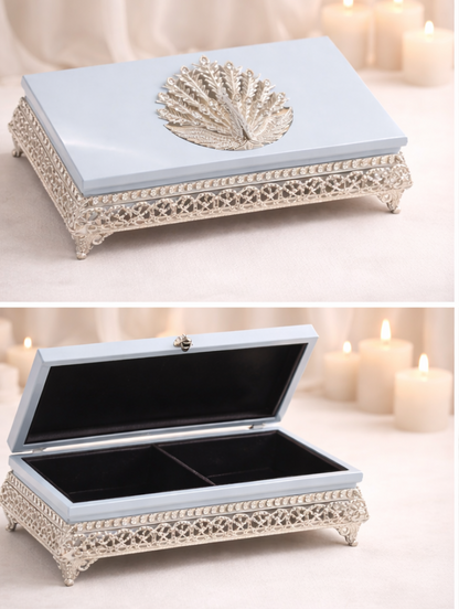 Luxury Peacock Crystal Jewelery Box with Silver Silver Filigree Base