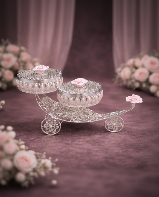 Luxury Silver Double Candy Bowl Carriage with Pink Rose Lid