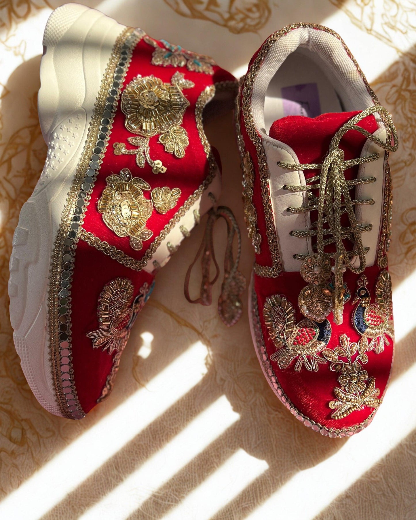 Red Embroidered Bridal Sneakers with Gold Zari Work
