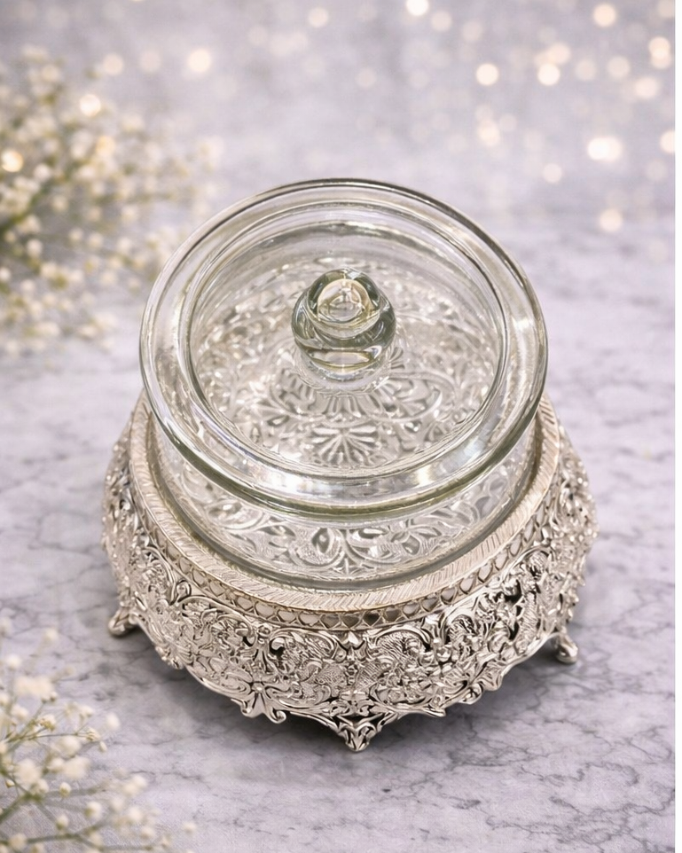 Luxury Glass Candy Jar with Ornate Silver Stand & Lid