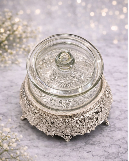 Luxury Glass Candy Jar with Ornate Silver Stand & Lid