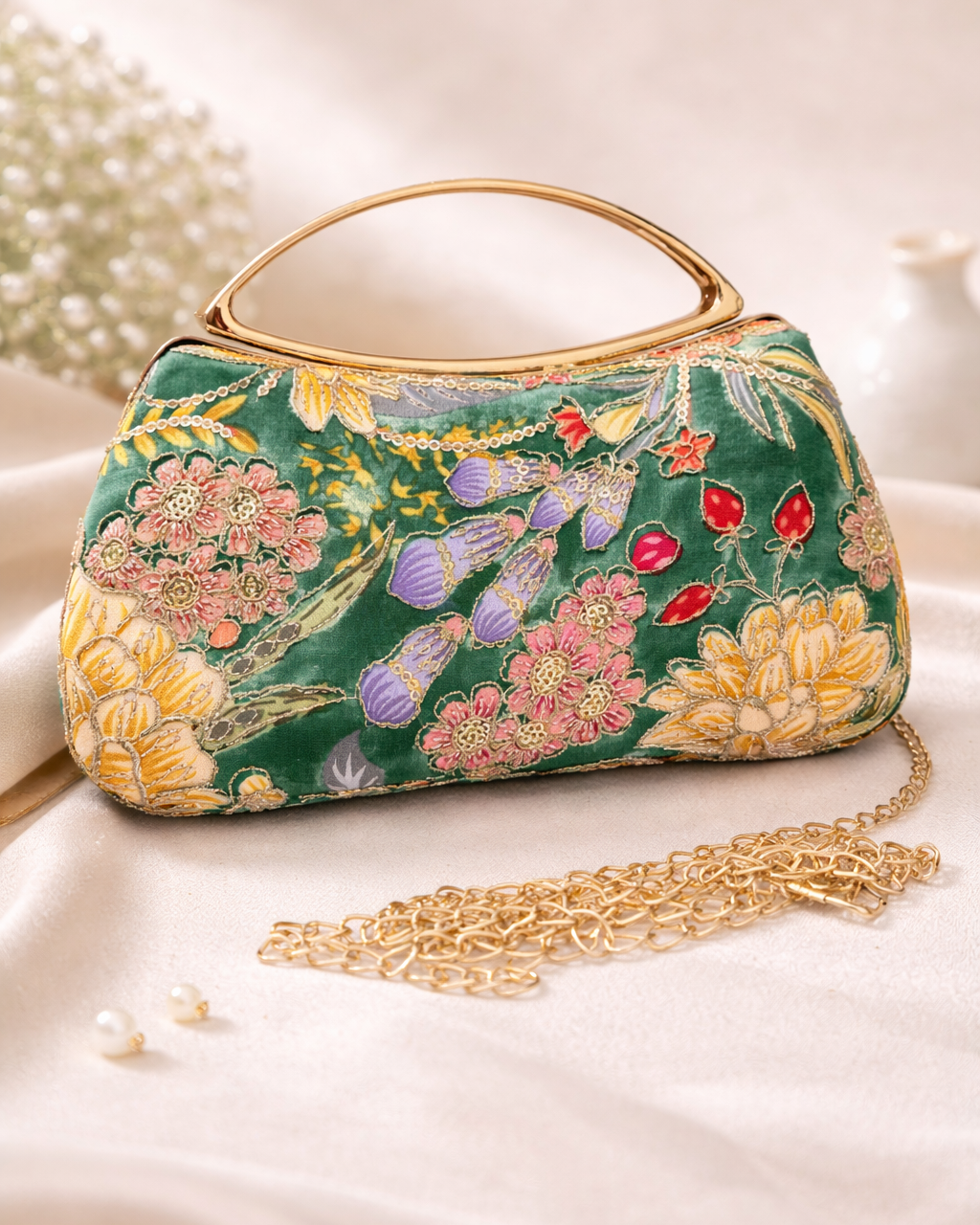 Decorative handbag with floral embroidery on a light background