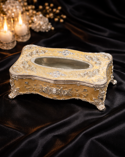 Luxury Gold & Silver Ornate Tissue Box Cover with Crystal Detail