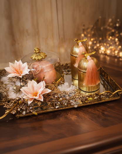 Luxury Gold Decorative Tray Set with Glass Cloche Candle & Bird Lid Jars – Blush & Gold Home Décor