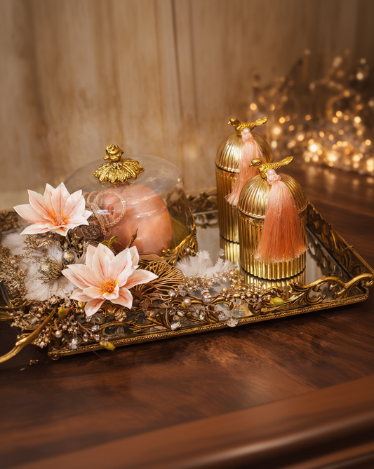 Luxury Gold Decorative Tray Set with Glass Cloche Candle & Bird Lid Jars – Blush & Gold Home Décor