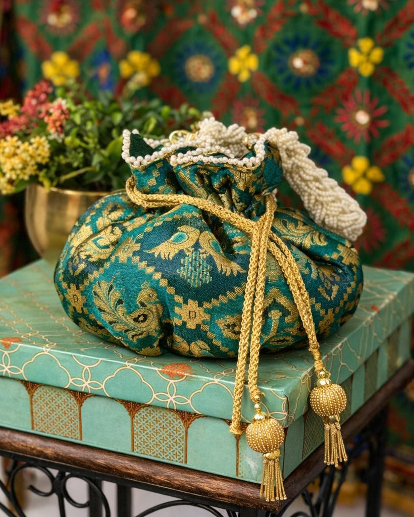 Luxury Handcrafted Silk Potli Bag with Pearl Tassels