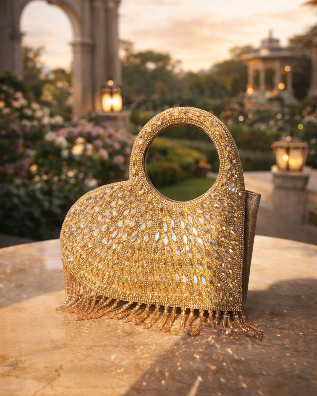 Luxury Crystal Embellished Heart-Shape Evening Clutch with Fringe – Designer Statement Handbag for Weddings & Parties
