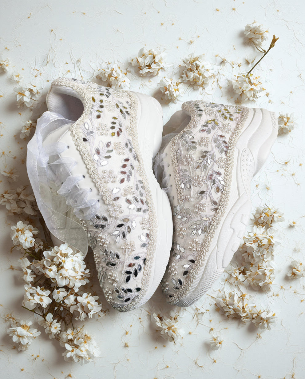 Ivory Pearl & Mirror Embellished Bridal Sneakers – Luxury Wedding Footwear