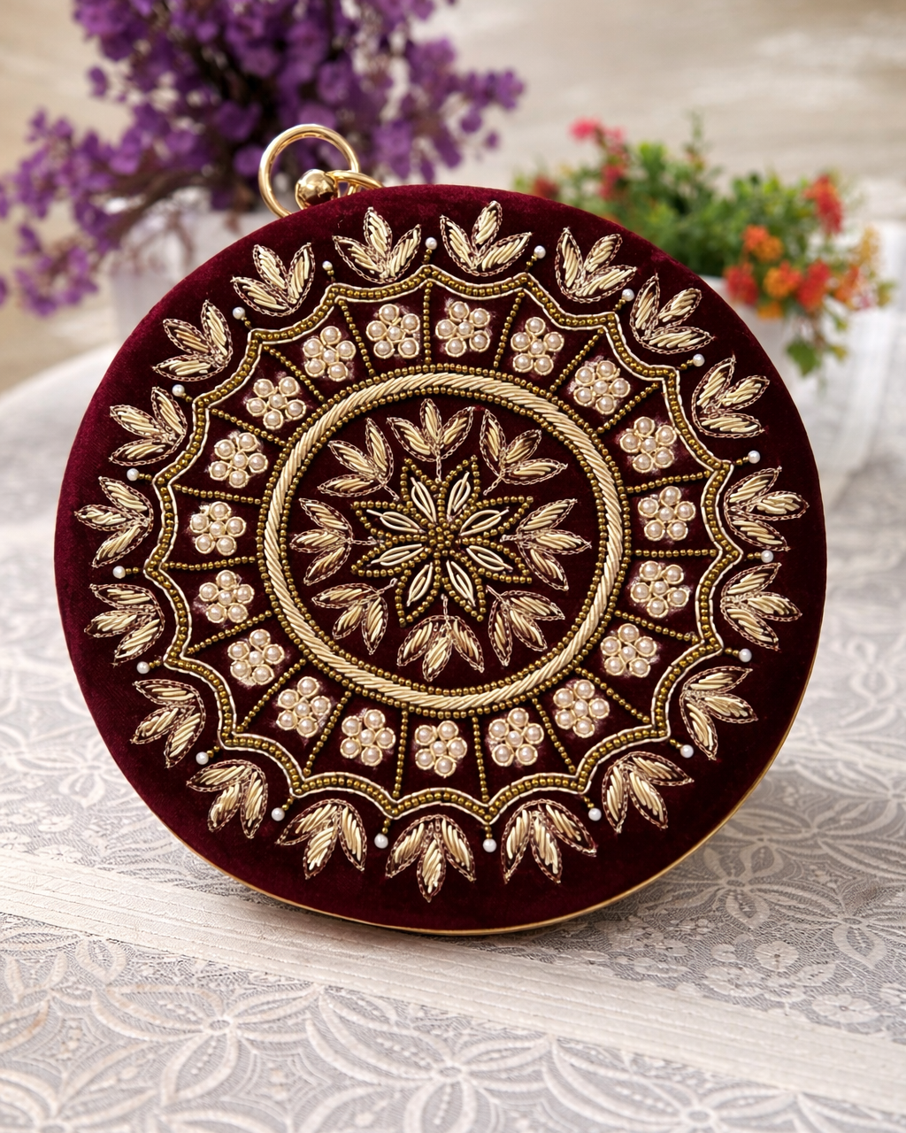 Luxury Embroidered Velvet Clutch with Pearl Detailing & Chain Sling