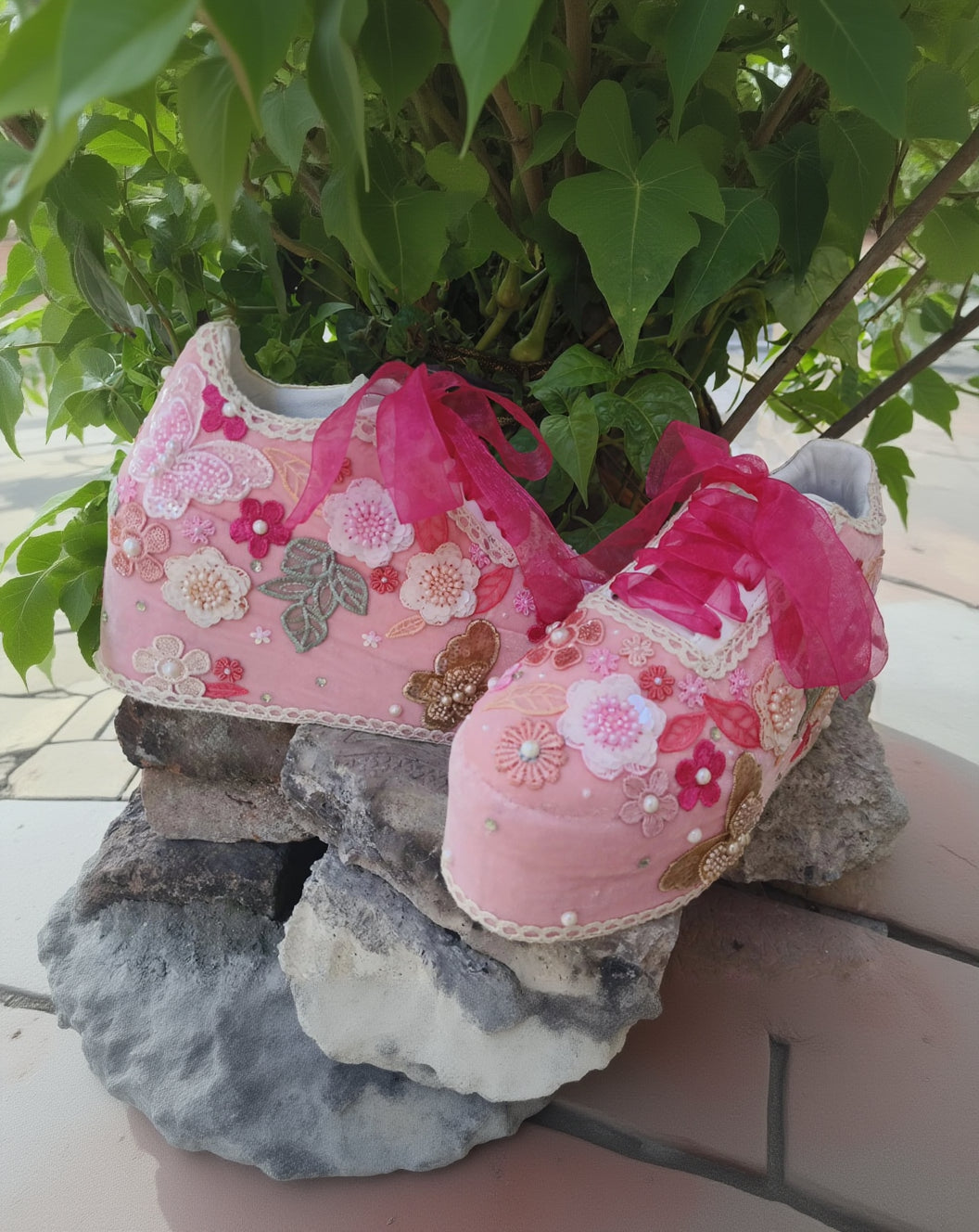 Pink Floral Embellished Bridal Platform Sneakers – Custom Wedding Shoes