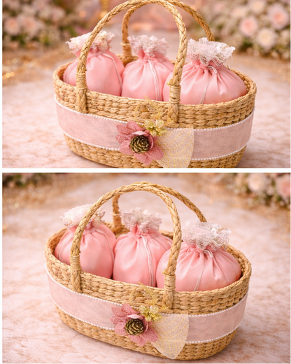 Luxury Pink Wedding Gift Basket with Satin Potli Bags – Elegant Bridal Favour Hamper