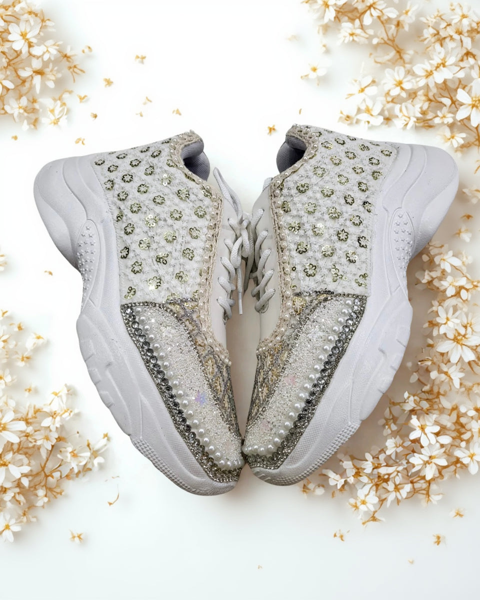 Ivory Pearl Embellished Bridal Sneakers – Luxury Wedding Shoes