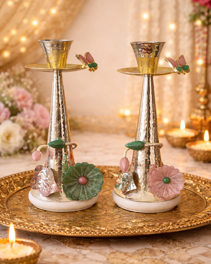 Luxury Decorative Candle Holders Set of 2 – Hammered Metal & Stone Floral Design Candlesticks