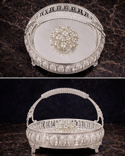 Luxury Silver Filigree Basket with Mother of Pearl & Crystal Handle – Elegant Decorative Centerpiece