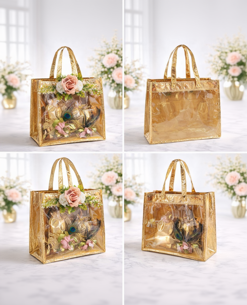 Luxury Transparent Gold Gift Bag with Floral & Peacock Decor