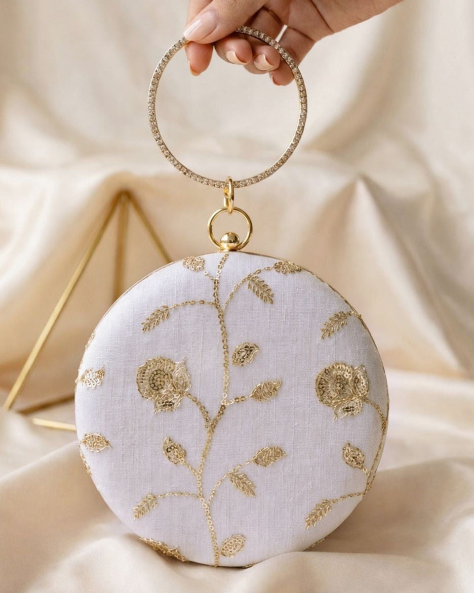 Elegant Floral Embroidered Round Clutch – Handcrafted Designer Evening Party Bag with Statement Handle