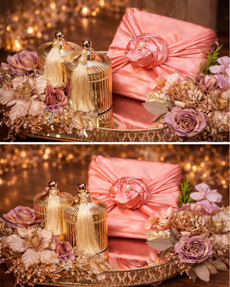 Luxury Blush Pink Gift Tray Set with Gold Decorative Jars & Floral Arrangement – Wedding & Engagement Décor