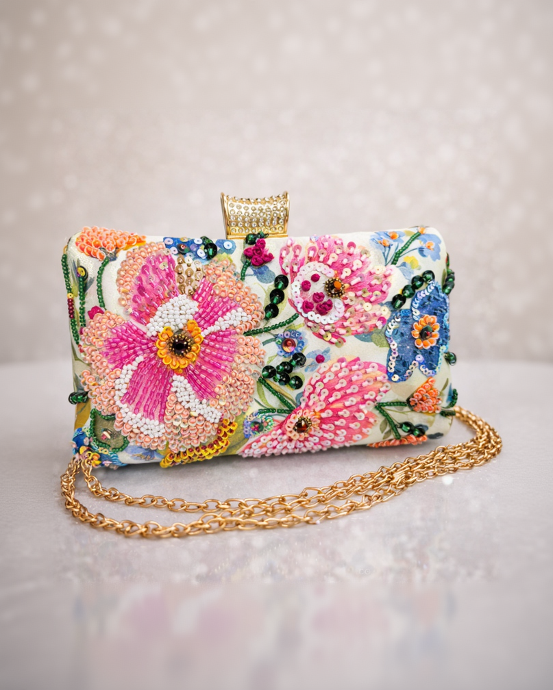 Multicolor Floral Beaded Clutch – Elegant Handmade Embroidered Evening Party Purse for Women