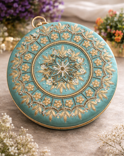 Luxury Embroidered Velvet Clutch with Pearl Detailing & Chain Sling