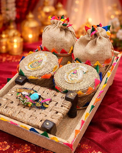 Premium Wedding Gift Hamper Tray with Potli Bags & Traditional Decor