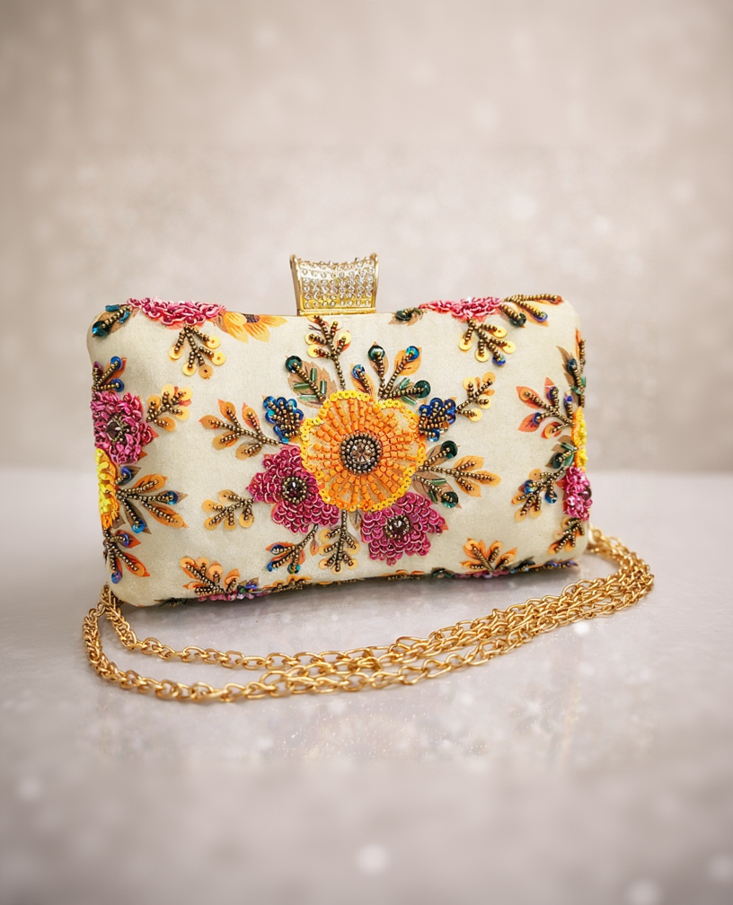 Multicolor Floral Beaded Clutch – Elegant Handmade Embroidered Evening Party Purse for Women