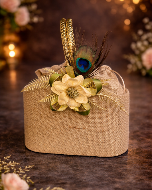 Rustic Jute Gift Basket with Peacock Feather & Floral Decor
