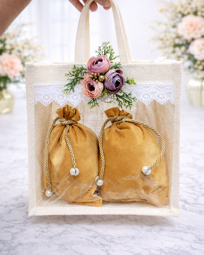 Premium Jute Gift Bag with Transparent Panel & Potli Set