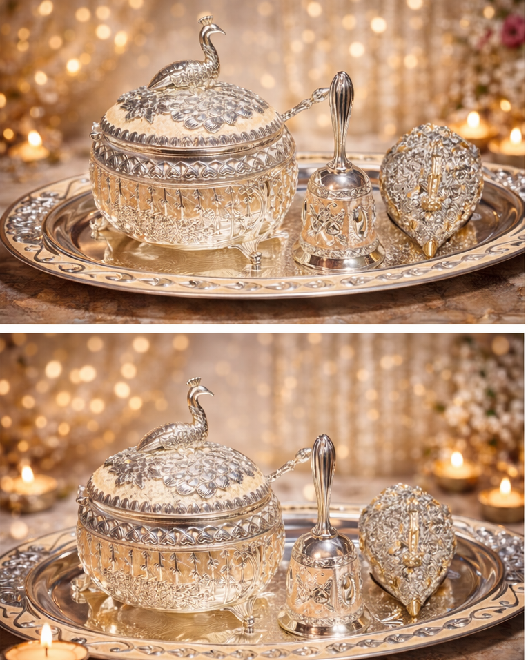 Luxury Silver Pooja Thali Set with Peacock Lid Bowl, Bell & Decorative Kalash