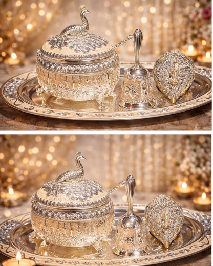 Luxury Silver Pooja Thali Set with Peacock Lid Bowl, Bell & Decorative Kalash