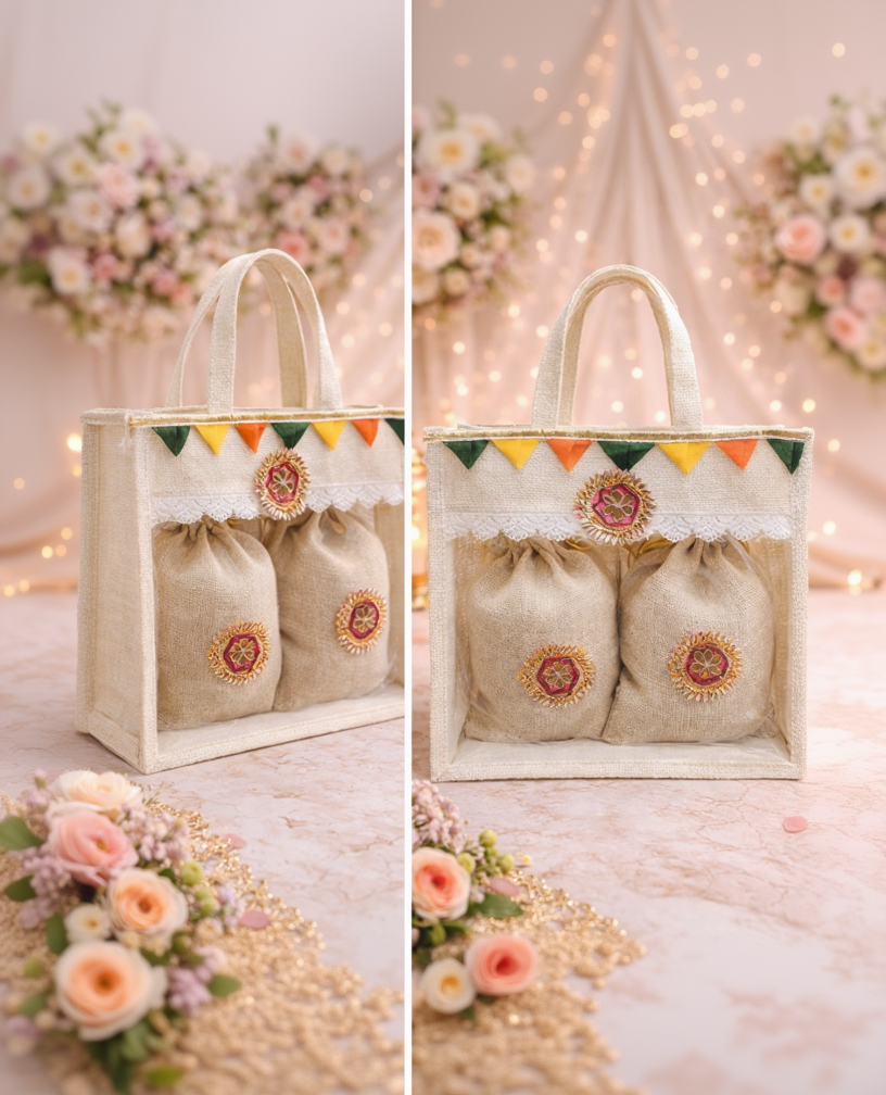 Pastel Wedding Jute Gift Bag with Potli Set – Premium Return Gift