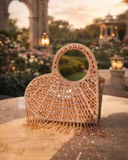 Luxury Crystal Embellished Heart-Shape Evening Clutch with Fringe – Designer Statement Handbag for Weddings & Parties