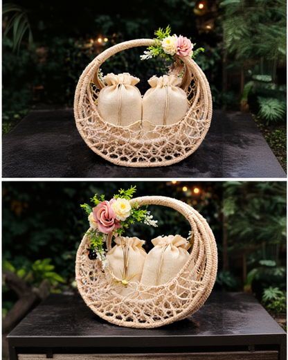Handcrafted Jute Gift Basket with Floral Decoration & Potli Bags