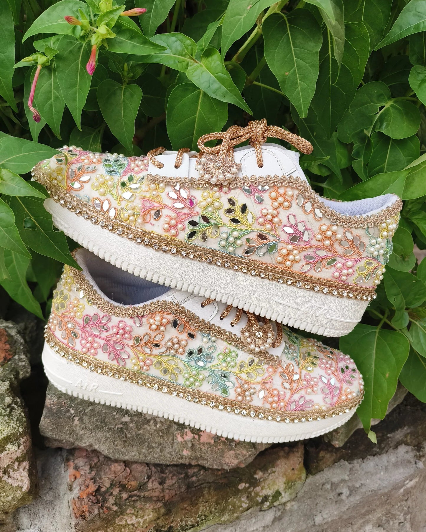 Pastel Floral Embroidered Sneakers with Pearl & Mirror Work – Designer Wedding Shoes