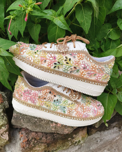 Pastel Floral Embroidered Sneakers with Pearl & Mirror Work – Designer Wedding Shoes