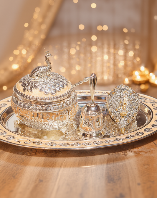 Luxury Silver Pooja Thali Set with Peacock Lid Bowl, Bell & Decorative Kalash