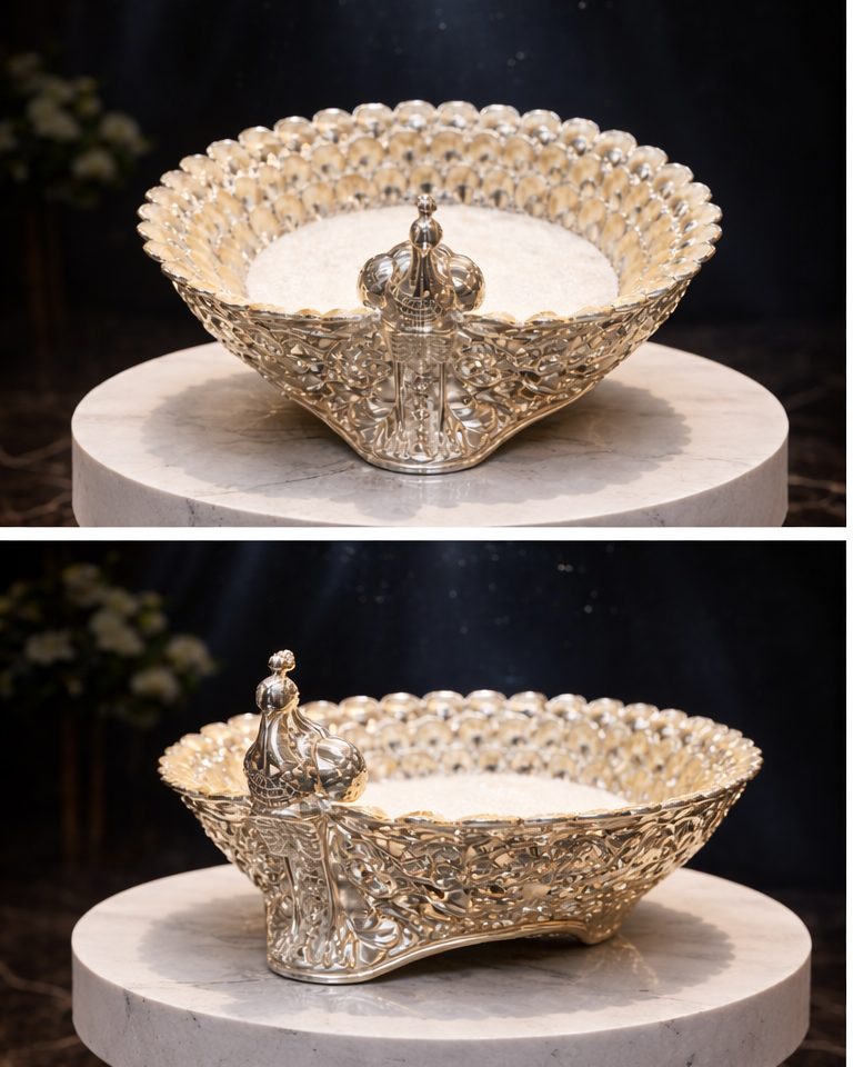 Luxury Silver Decorative Bowl with Peacock Motif – Premium Centerpiece Serveware