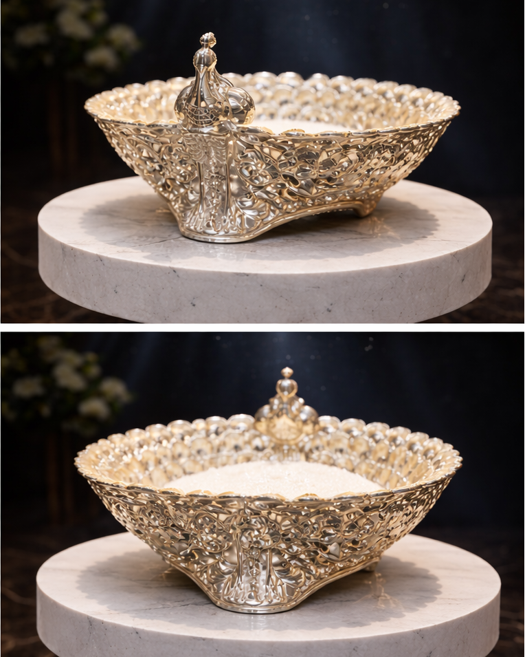 Luxury Silver Decorative Bowl with Peacock Motif – Premium Centerpiece Serveware