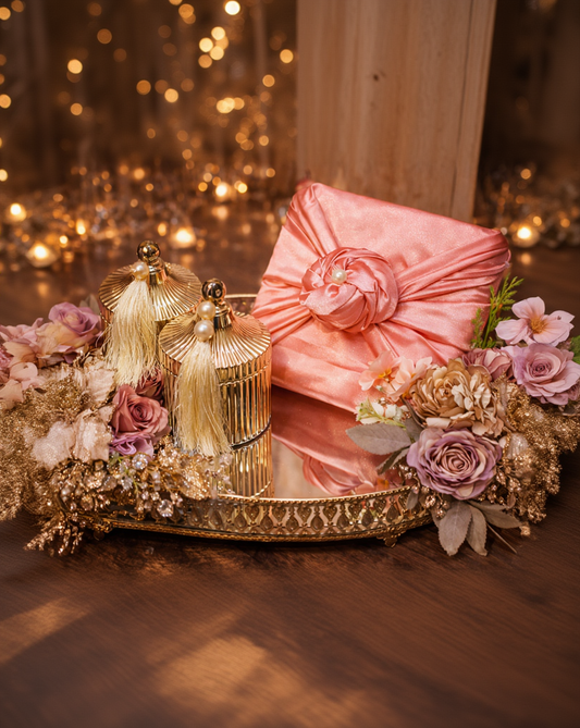 Luxury Blush Pink Gift Tray Set with Gold Decorative Jars & Floral Arrangement – Wedding & Engagement Décor