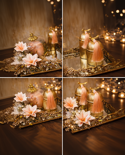 Luxury Gold Decorative Tray Set with Glass Cloche Candle & Bird Lid Jars – Blush & Gold Home Décor